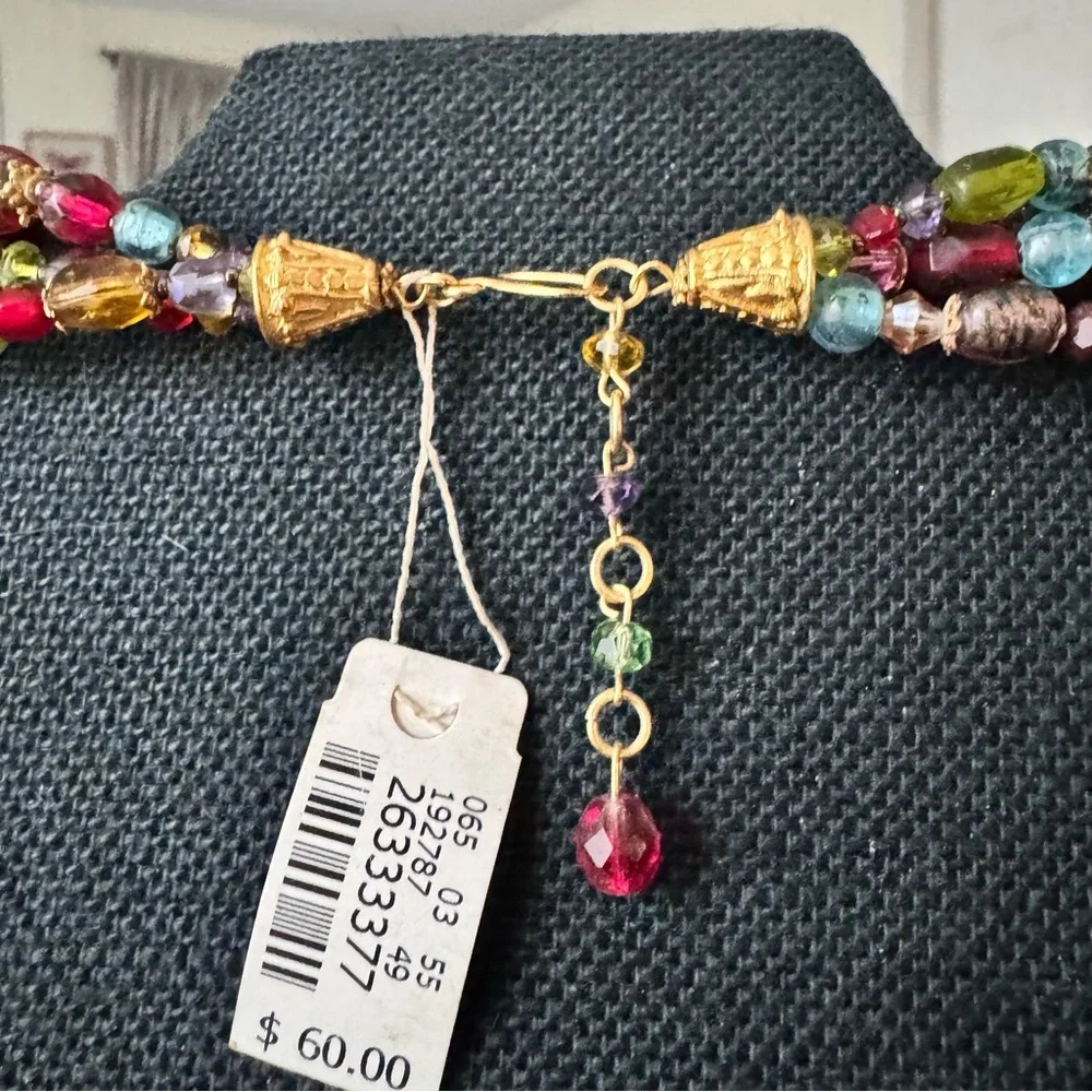 VTG Czech Multicolor 16” Glass Bead 3 Strand Necklace‎ Gold Accents Boho Chic